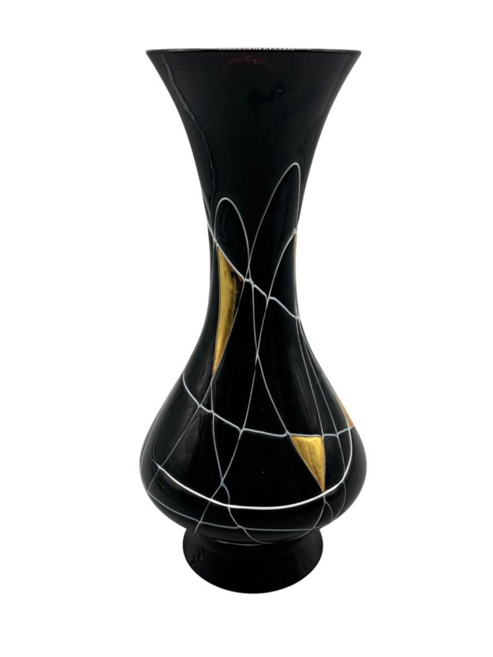 Vintage Black & Gold Art Deco Vase Abstract Design embossed fluted 9.5" READ